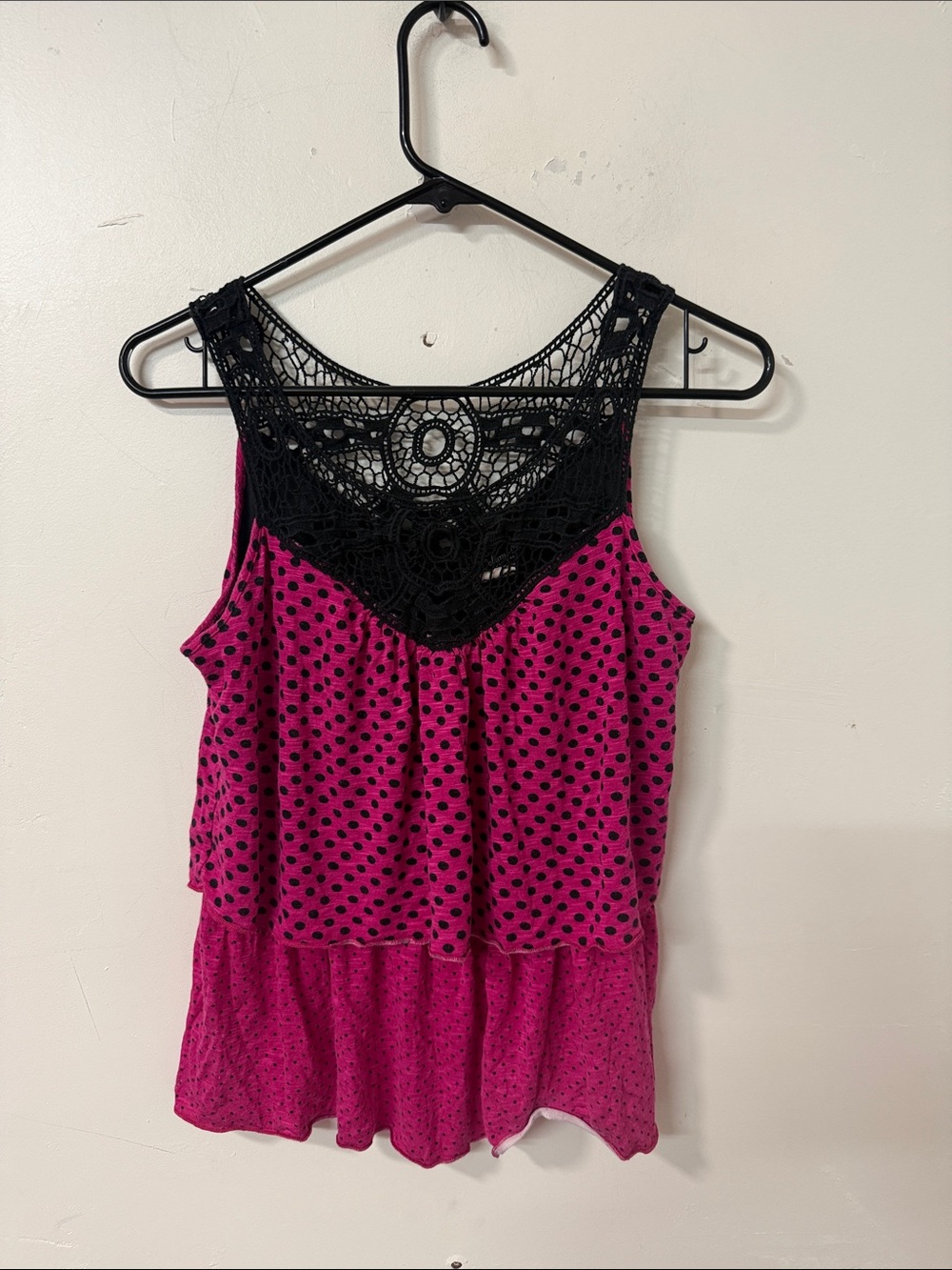 Women’s Pink Polka Dot Tank with Black Crochet Yoke